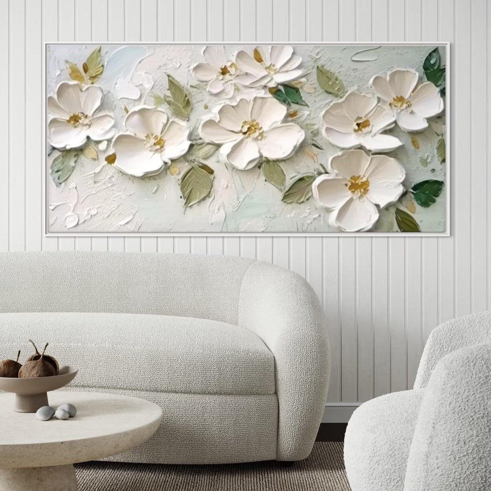 Elegant White Flower Wall Painting 3D Textured Floral Canvas Art Birthday Gift for