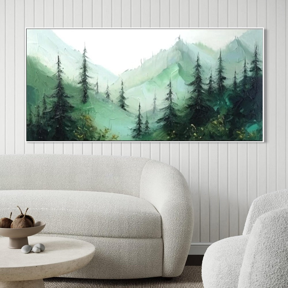 Bottle Green Pine Forest Wall Painting Extra Large Textured Mountain Painting