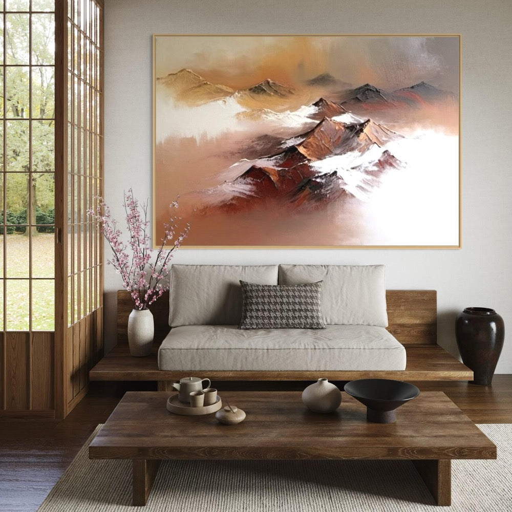 Unique Abstract Mountain Landscape Oil Art Warm Colors and Foggy Peaks