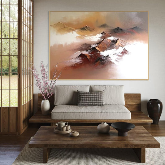 Unique Abstract Mountain Landscape Oil Art Warm Colors and Foggy Peaks
