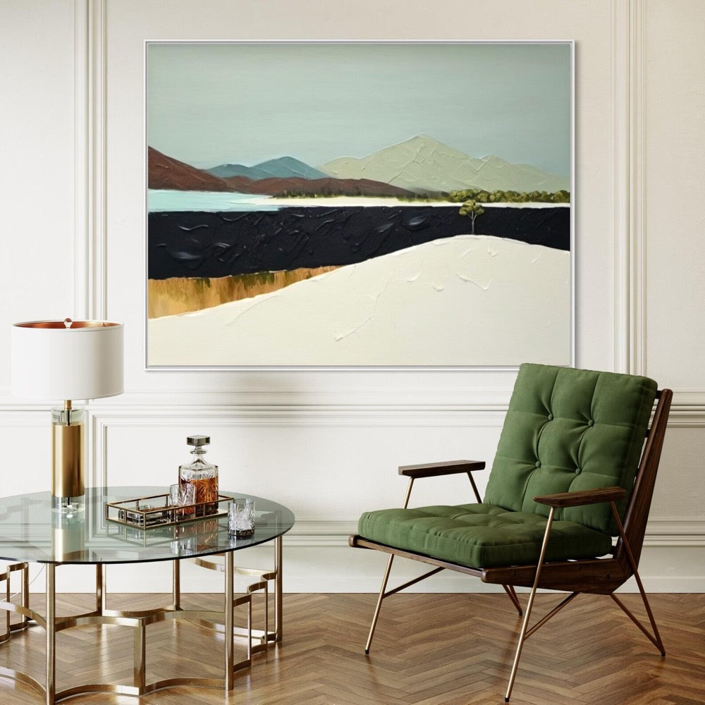 Modern Textured Painting of Mountain and Lake Abstract Nature Scenery Wall Art