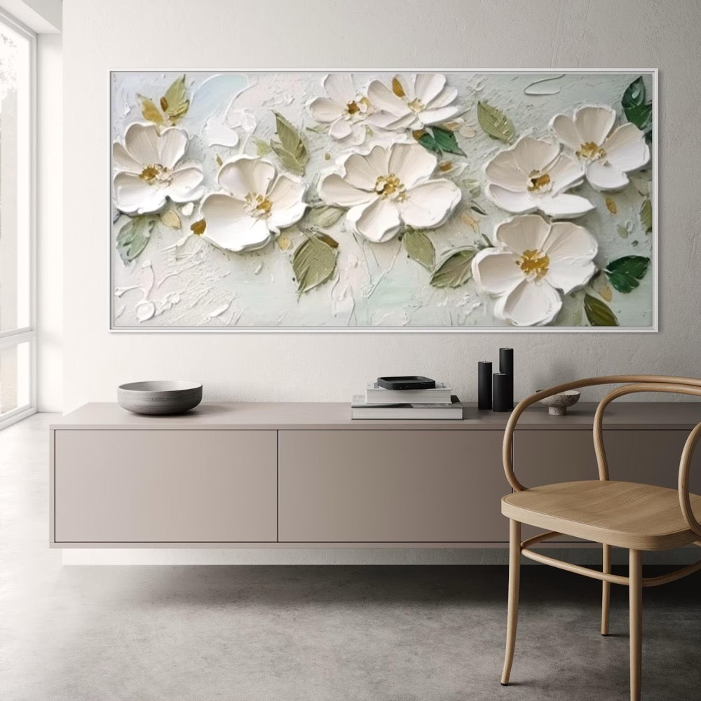 Elegant White Flower Wall Painting 3D Textured Floral Canvas Art Birthday Gift for