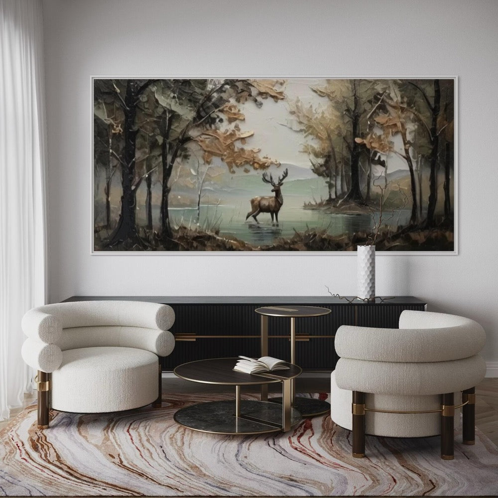 Deer in Misty Woodland Landscape Wall Art Autumn Forest Lakeside Canvas