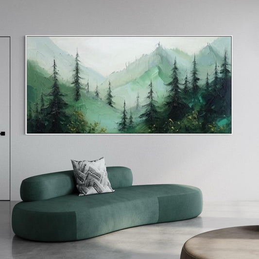 Bottle Green Pine Forest Wall Painting Extra Large Textured Mountain Painting