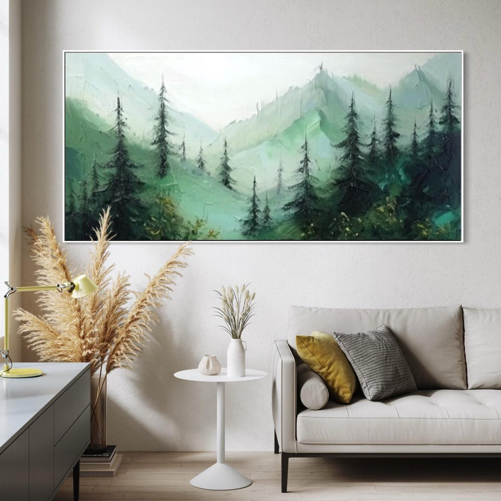 Bottle Green Pine Forest Wall Painting Extra Large Textured Mountain Painting