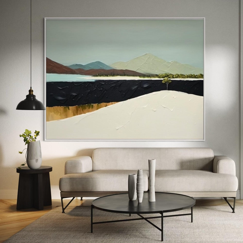 Modern Textured Painting of Mountain and Lake Abstract Nature Scenery Wall Art