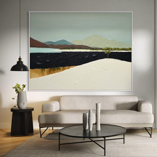 Modern Textured Painting of Mountain and Lake Abstract Nature Scenery Wall Art