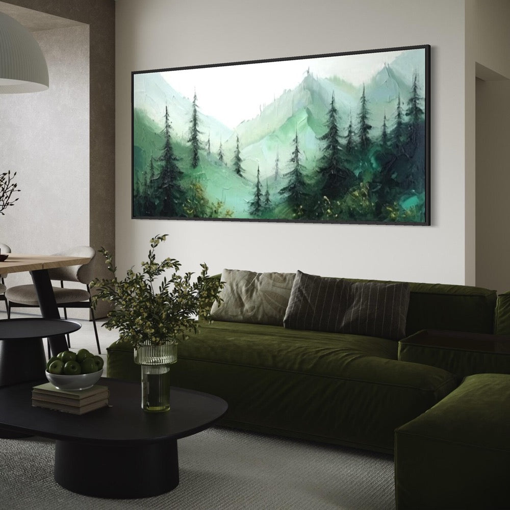 Bottle Green Pine Forest Wall Painting Extra Large Textured Mountain Painting