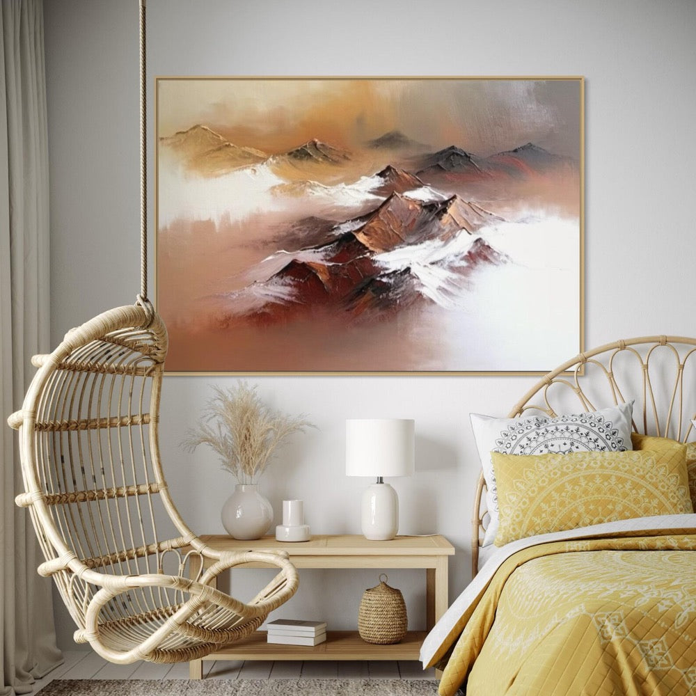 Unique Abstract Mountain Landscape Oil Art Warm Colors and Foggy Peaks