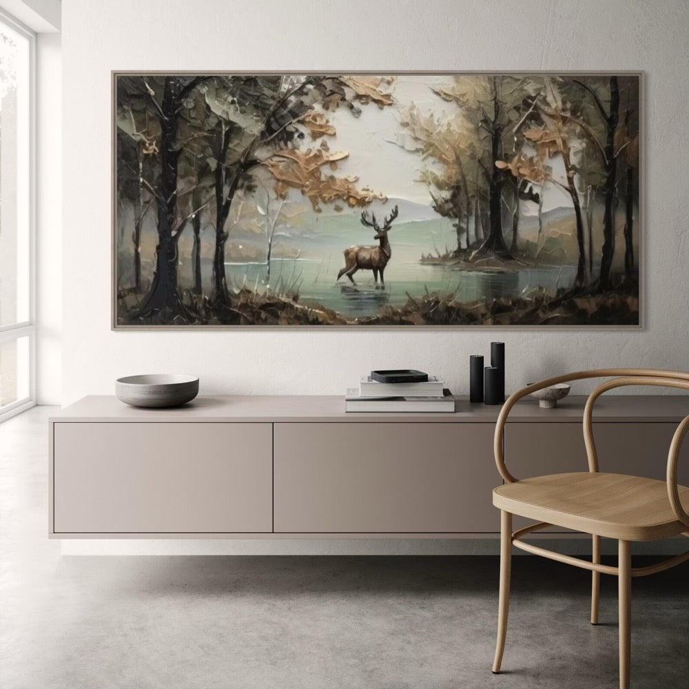 Deer in Misty Woodland Landscape Wall Art Autumn Forest Lakeside Canvas