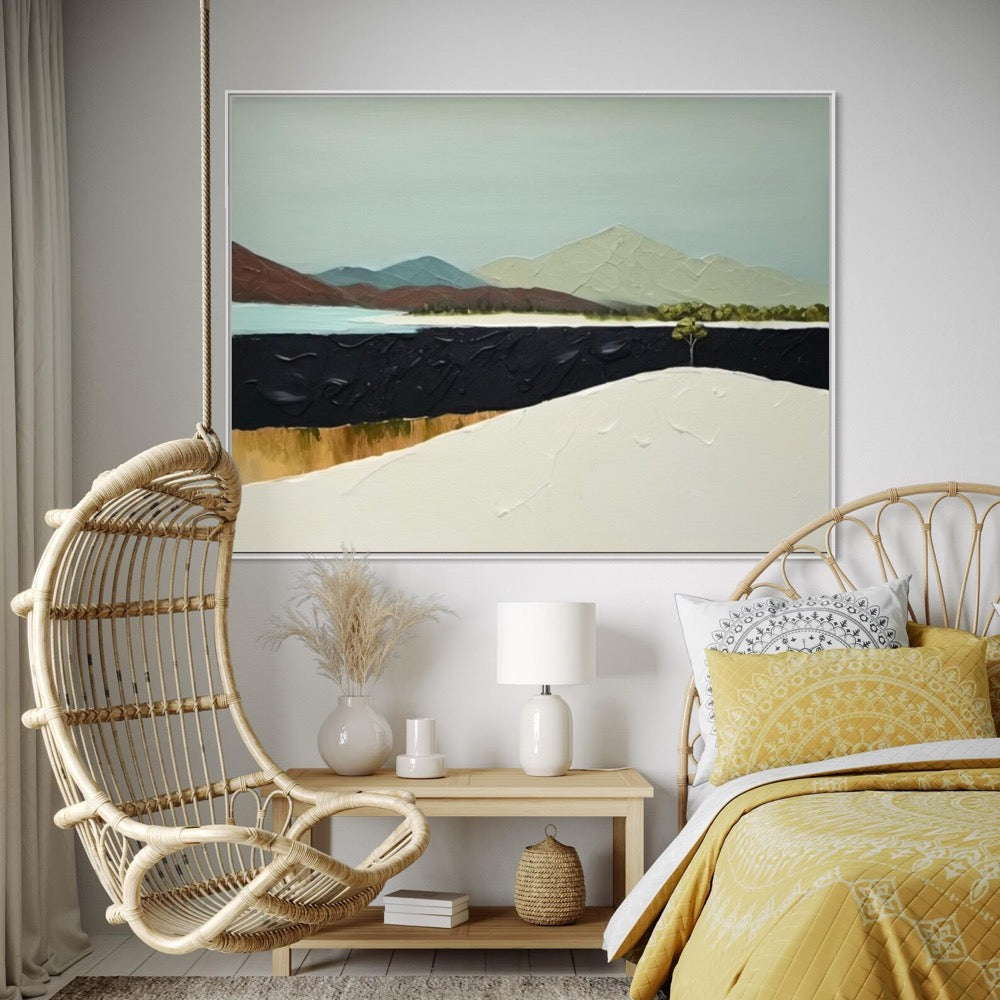 Modern Textured Painting of Mountain and Lake Abstract Nature Scenery Wall Art