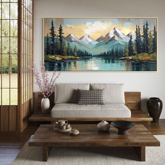 Handcrafted Snow Mountain Canvas Painting Abstract Lakeside Forest