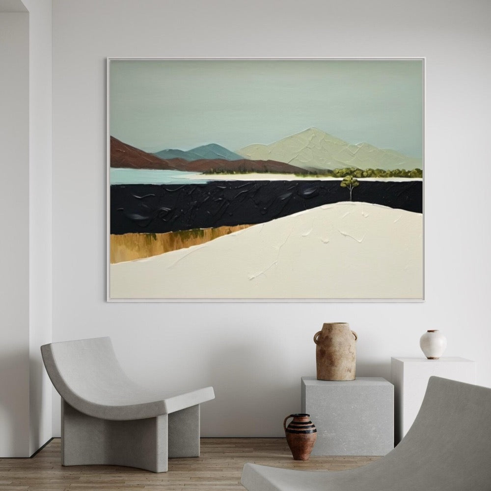 Modern Textured Painting of Mountain and Lake Abstract Nature Scenery Wall Art