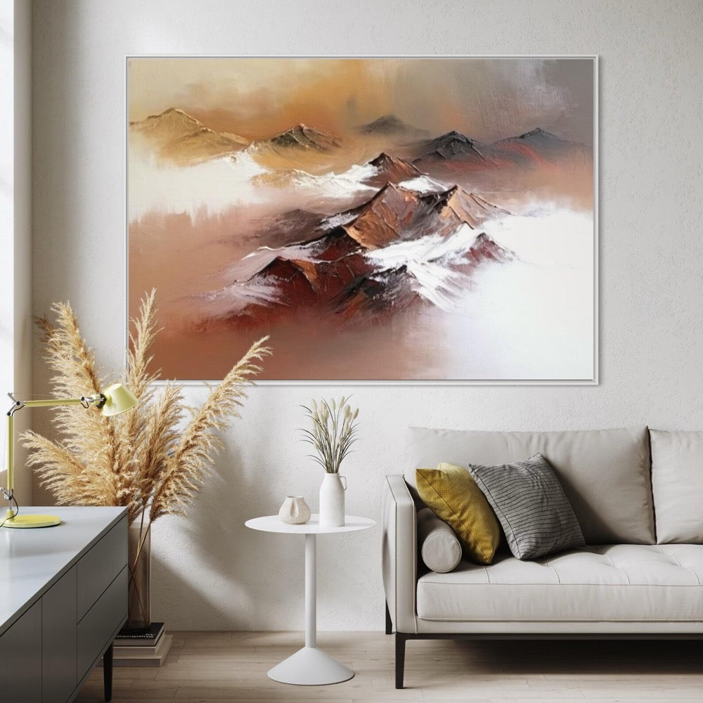 Unique Abstract Mountain Landscape Oil Art Warm Colors and Foggy Peaks