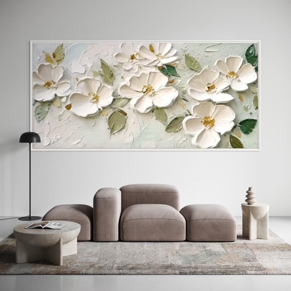 Elegant White Flower Wall Painting 3D Textured Floral Canvas Art Birthday Gift for