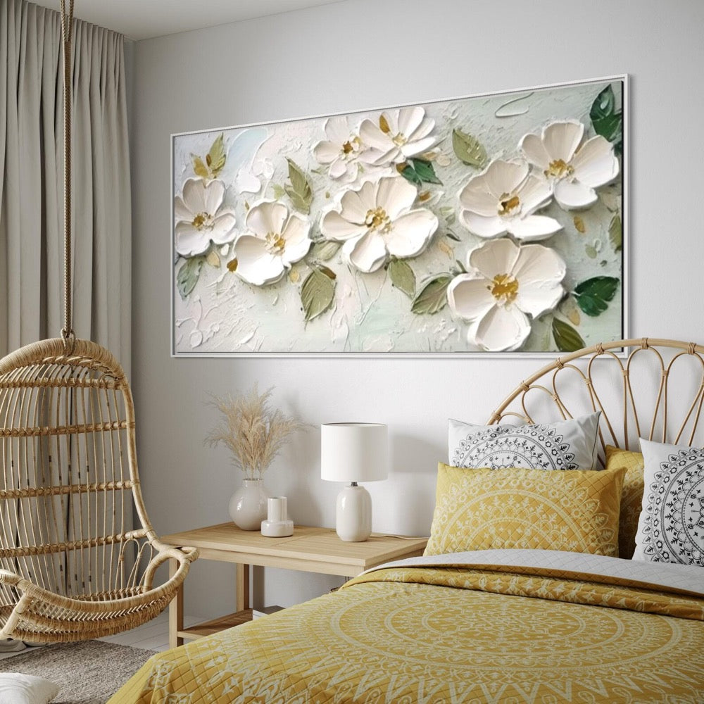 Elegant White Flower Wall Painting 3D Textured Floral Canvas Art Birthday Gift for