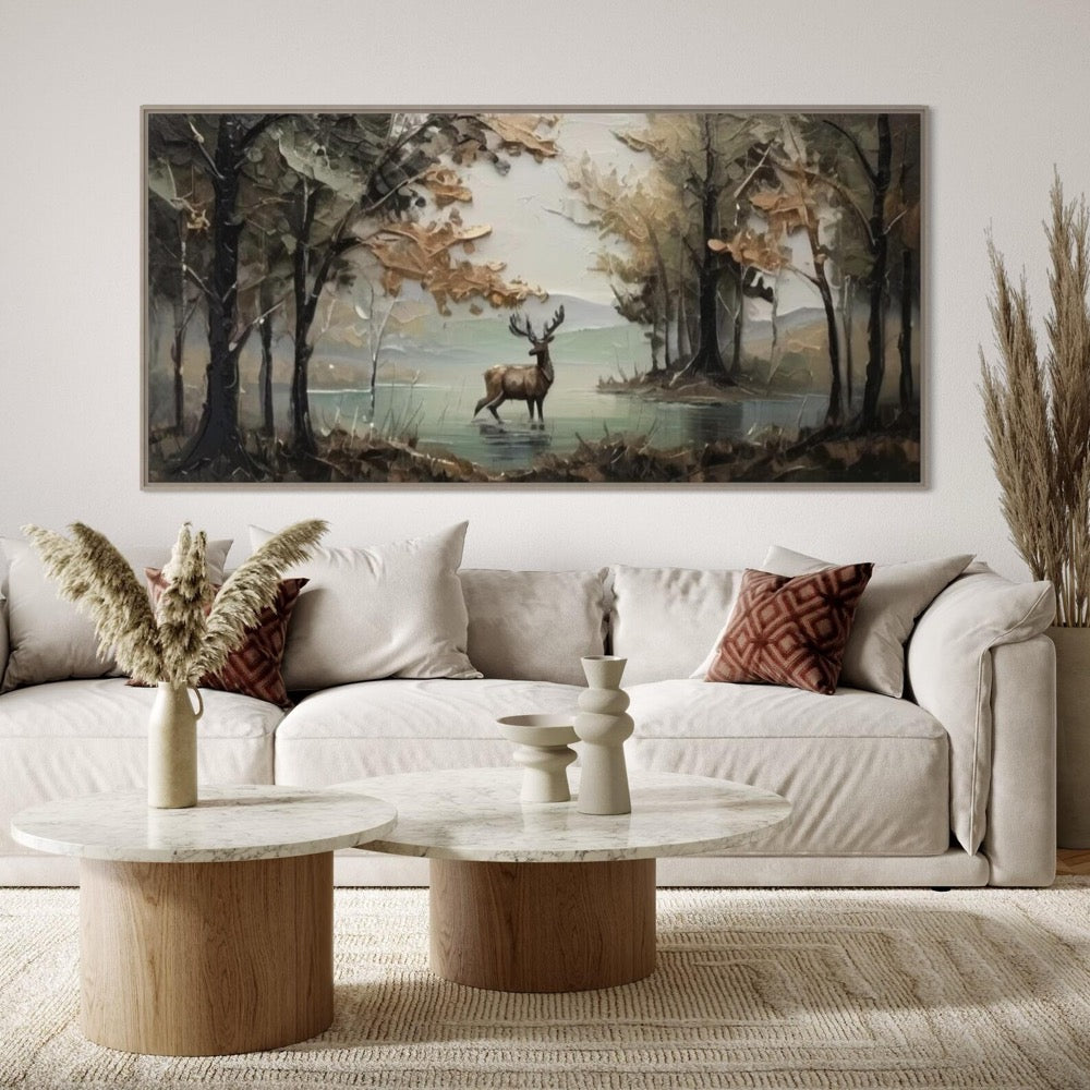 Deer in Misty Woodland Landscape Wall Art Autumn Forest Lakeside Canvas