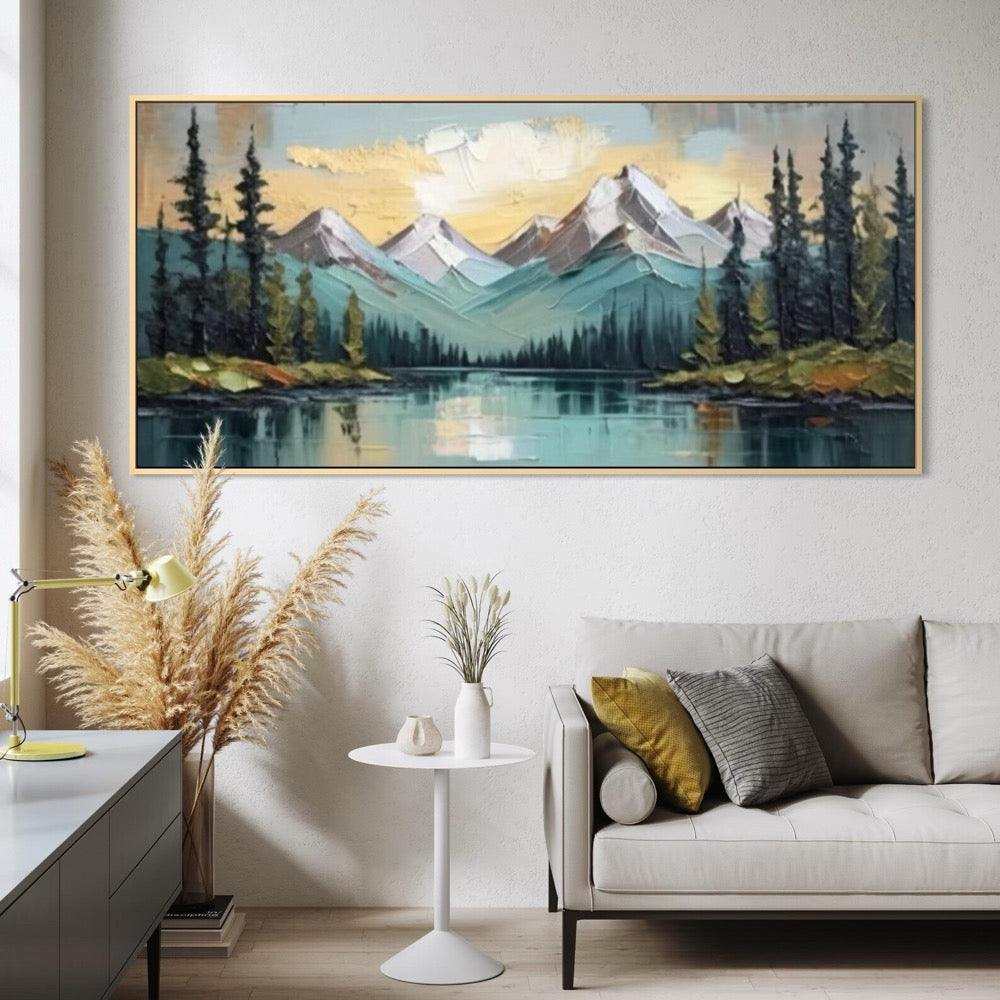 Handcrafted Snow Mountain Canvas Painting Abstract Lakeside Forest