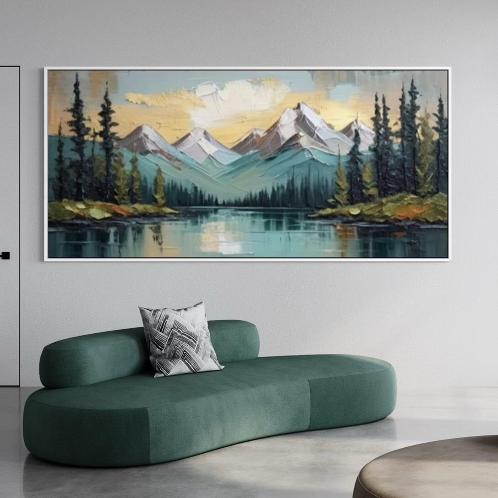 Handcrafted Snow Mountain Canvas Painting Abstract Lakeside Forest
