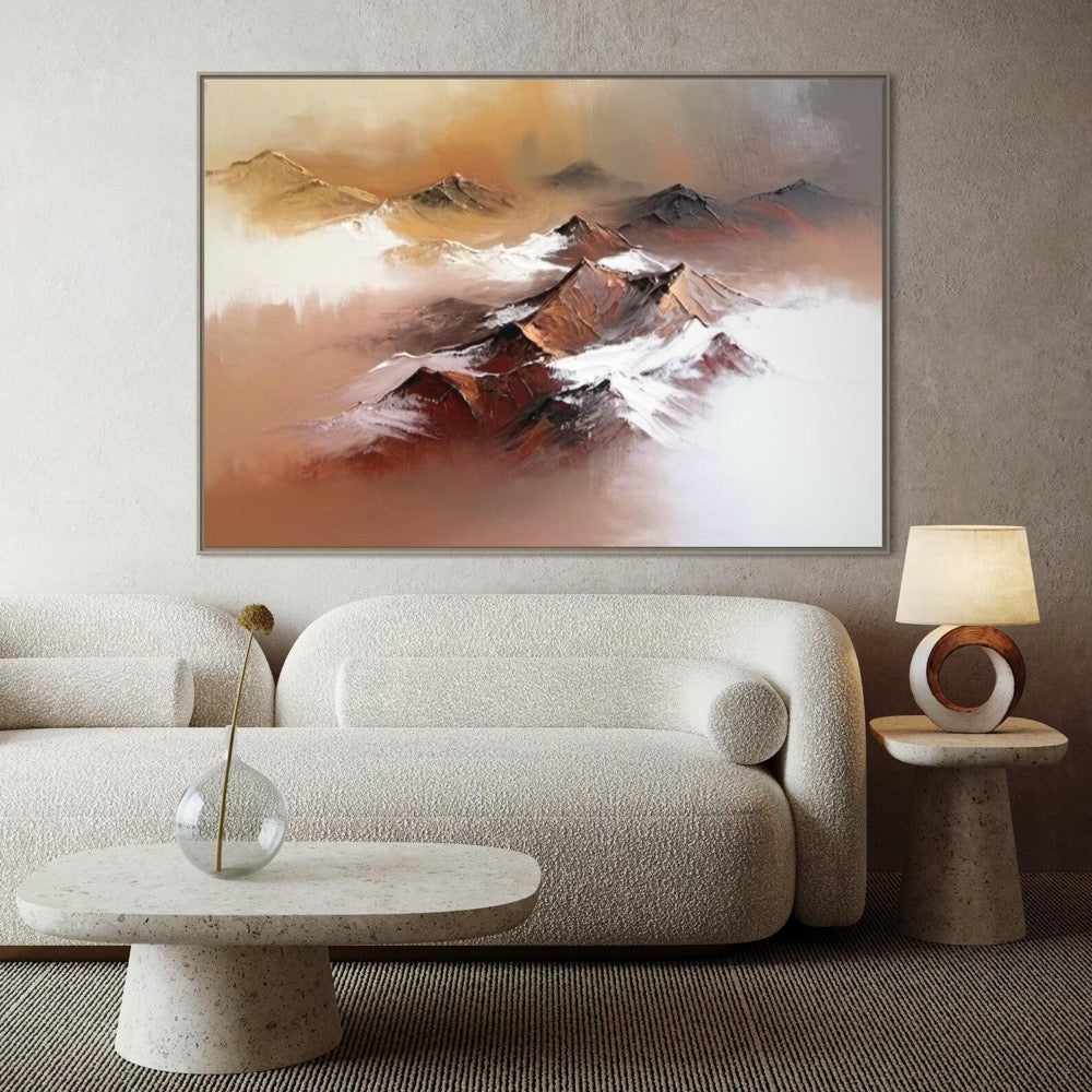 Unique Abstract Mountain Landscape Oil Art Warm Colors and Foggy Peaks