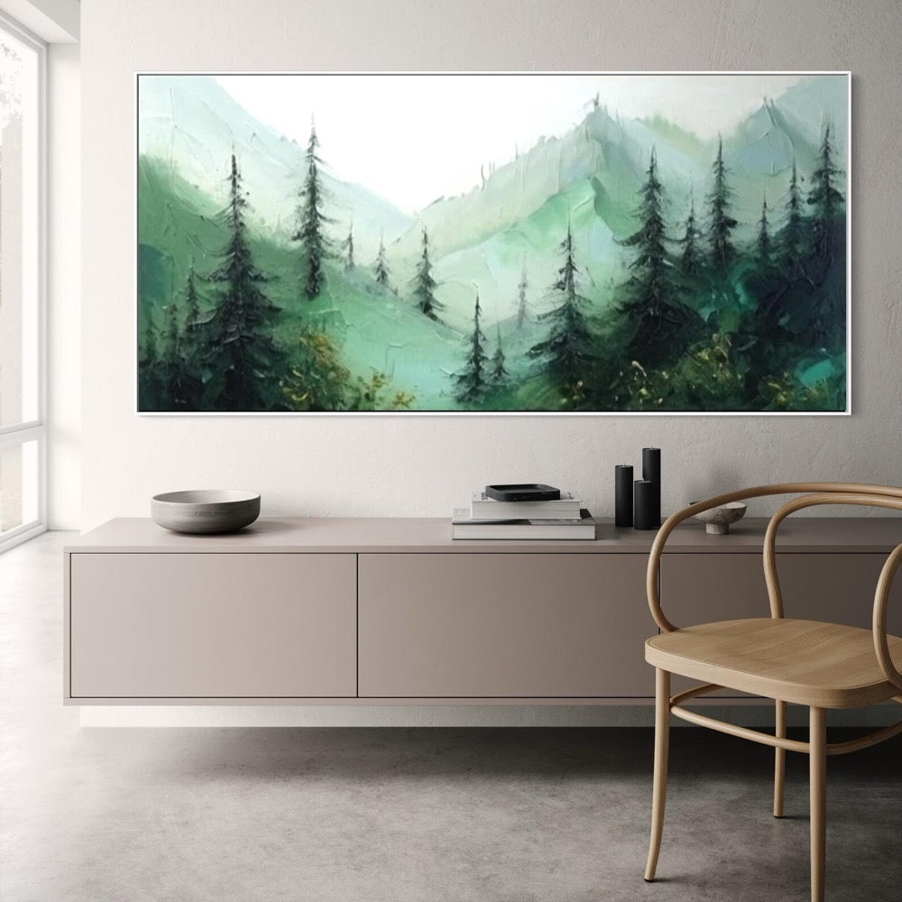 Bottle Green Pine Forest Wall Painting Extra Large Textured Mountain Painting