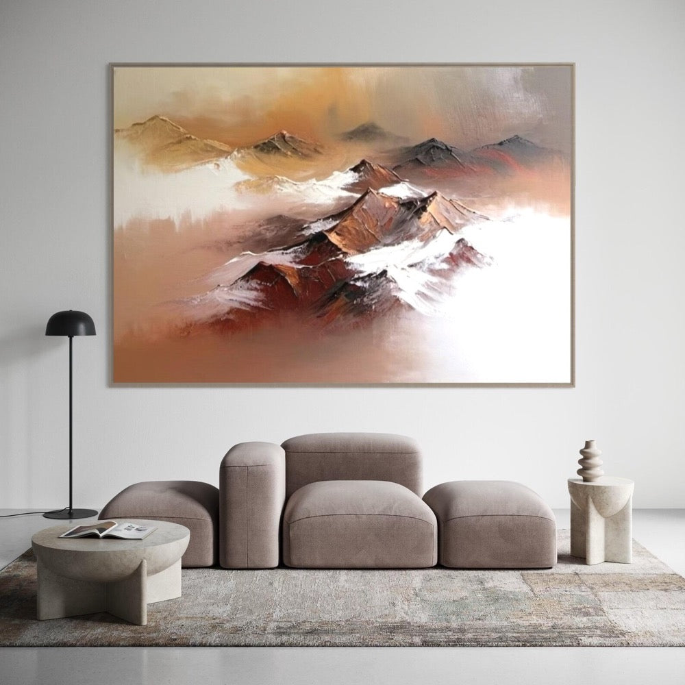 Unique Abstract Mountain Landscape Oil Art Warm Colors and Foggy Peaks