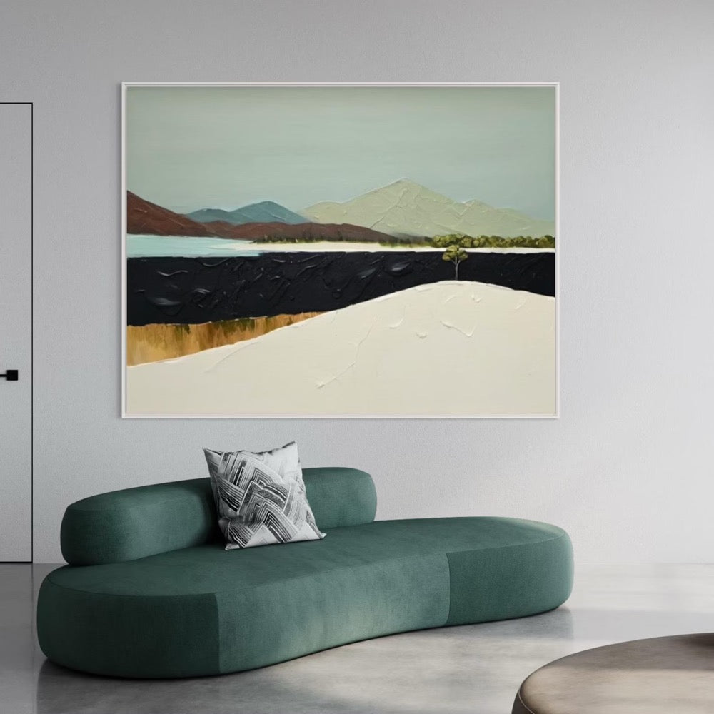 Modern Textured Painting of Mountain and Lake Abstract Nature Scenery Wall Art