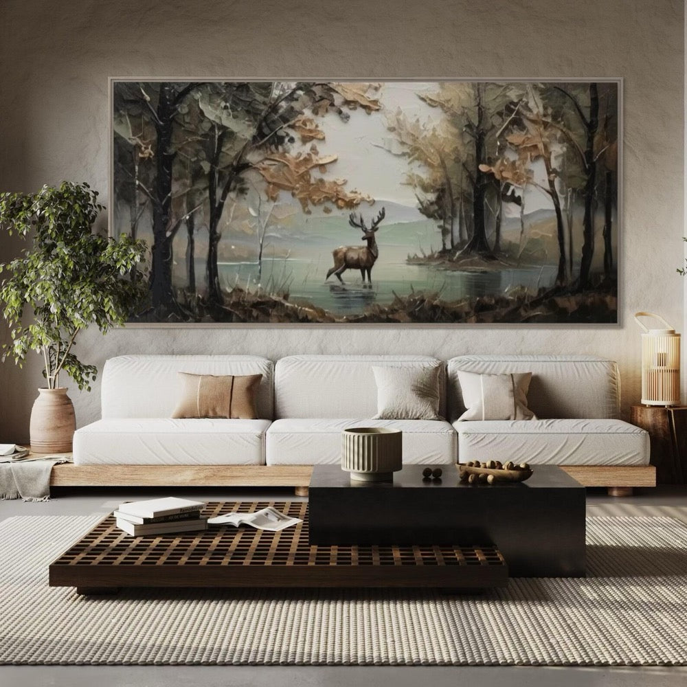 Deer in Misty Woodland Landscape Wall Art Autumn Forest Lakeside Canvas