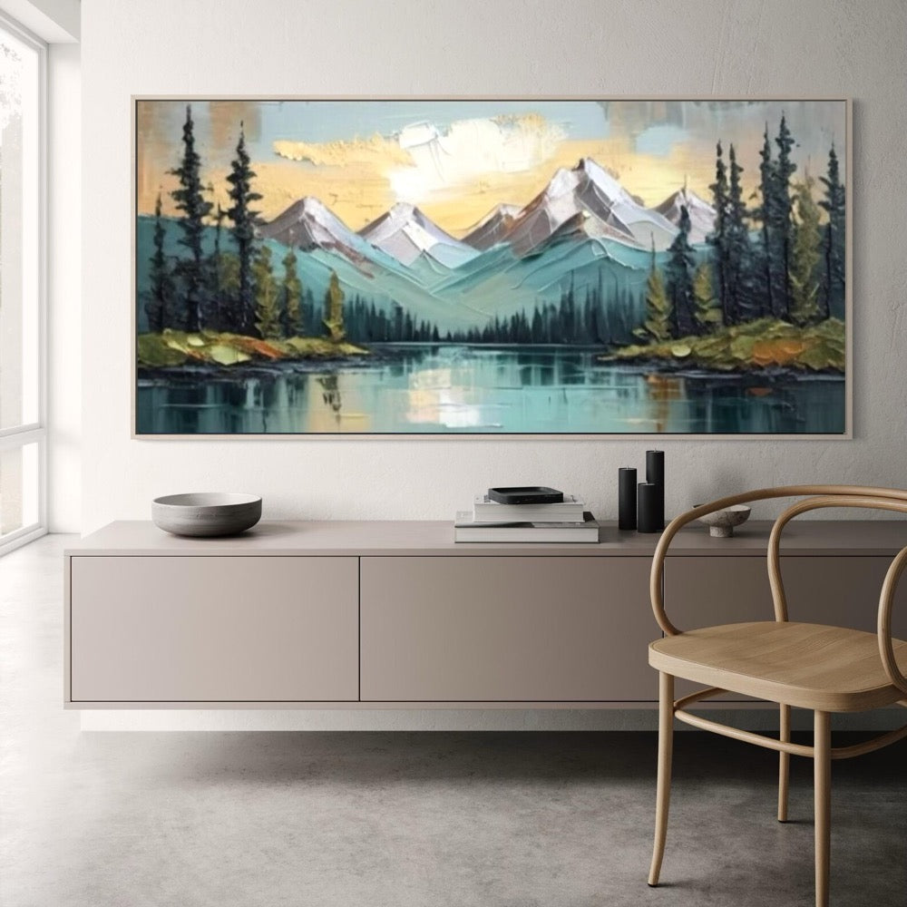 Handcrafted Snow Mountain Canvas Painting Abstract Lakeside Forest