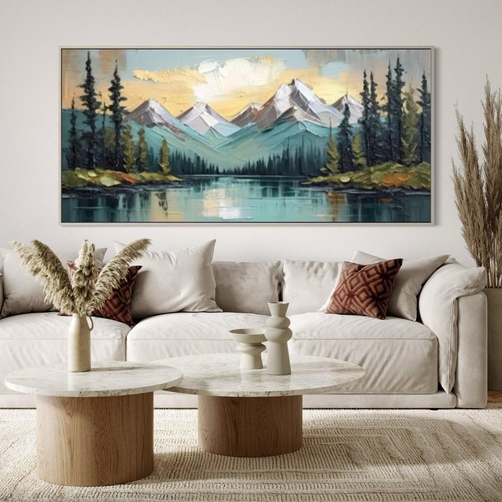 Handcrafted Snow Mountain Canvas Painting Abstract Lakeside Forest